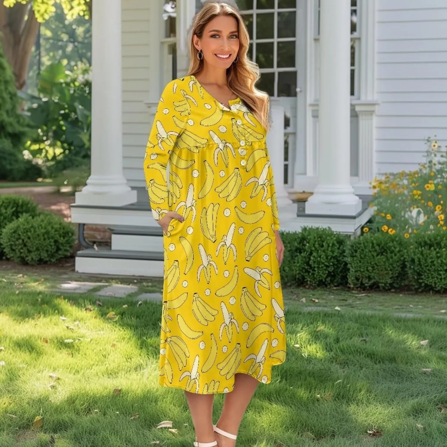 Women's Long Sleeve Oversized Maxi Dress Button Up Casual Style Loose Fall Vacation Dresses with Pockets