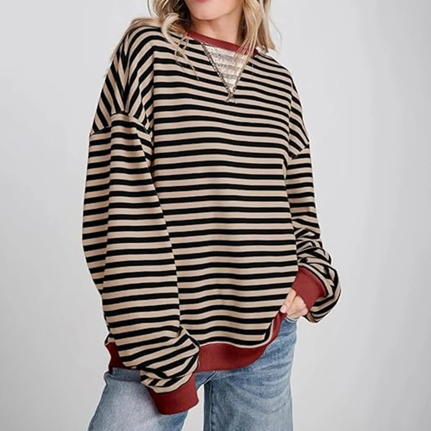 Womens Long Sleeve Tops 2024 Striped Shirt Drop Shoulder Round Neck Tops Loose Fit Casual Shirts Soft Comfortable Tops