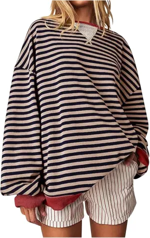 Womens Long Sleeve Tops 2024 Striped Shirt Drop Shoulder Round Neck Tops Loose Fit Casual Shirts Soft Comfortable Tops