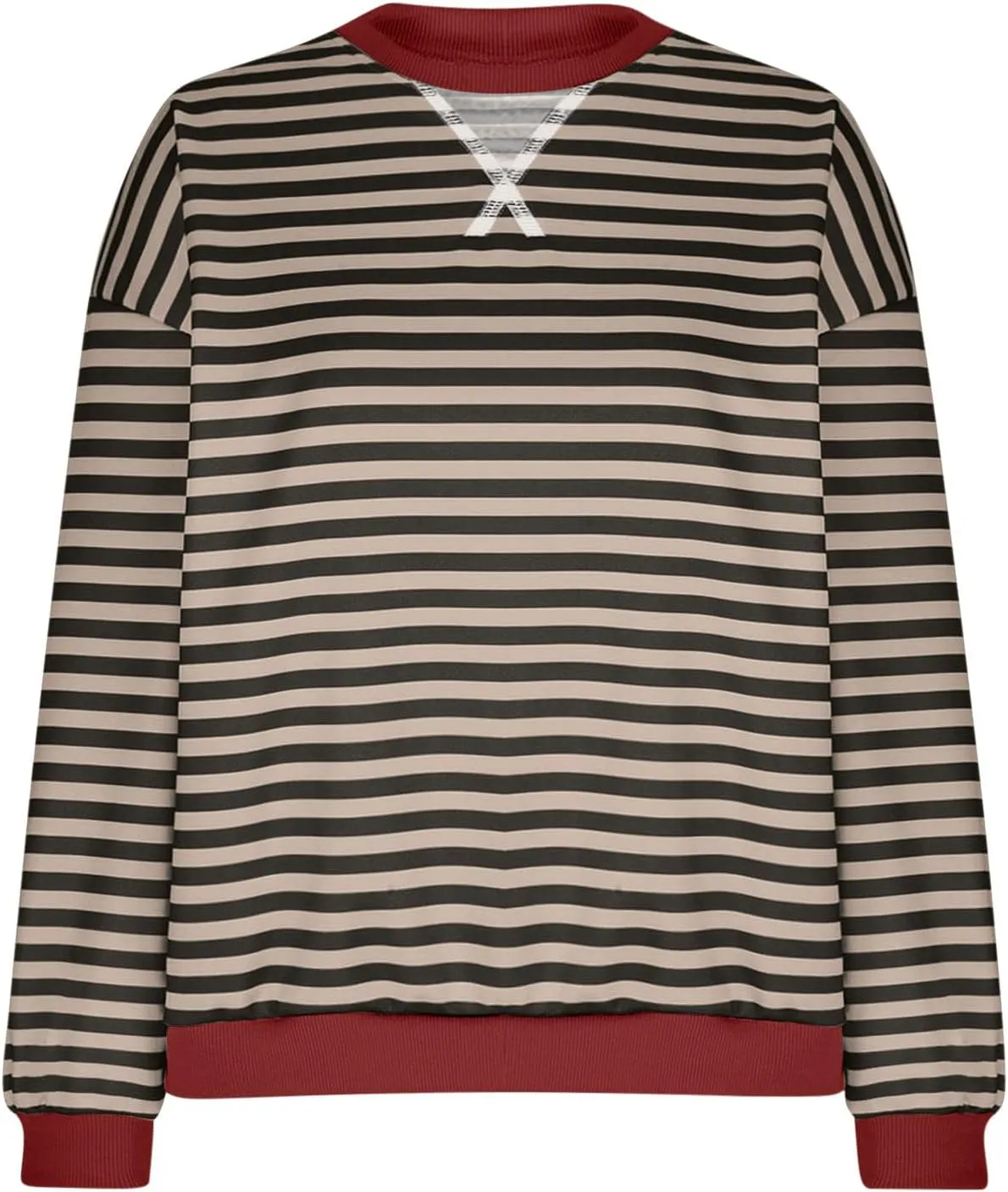 Womens Long Sleeve Tops 2024 Striped Shirt Drop Shoulder Round Neck Tops Loose Fit Casual Shirts Soft Comfortable Tops