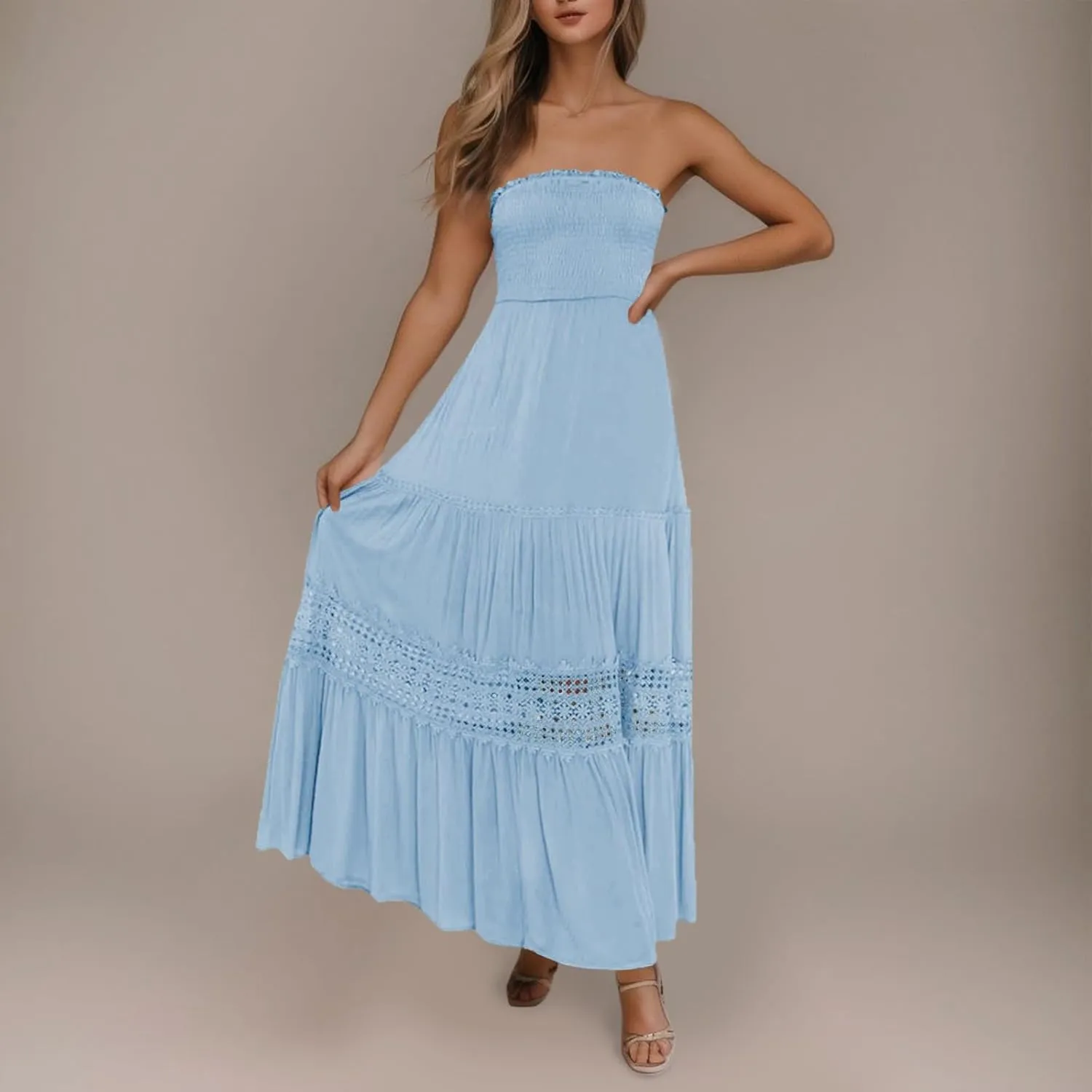 Women's Maxi Dress 2025 Summer Off Shoulder Smocked Tiered Ruffle Long Flowy Dresses Casual Beach Sundress
