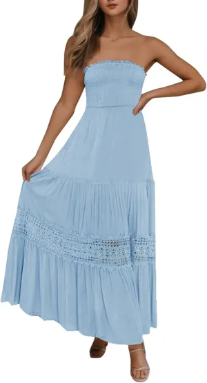 Women's Maxi Dress 2025 Summer Off Shoulder Smocked Tiered Ruffle Long Flowy Dresses Casual Beach Sundress