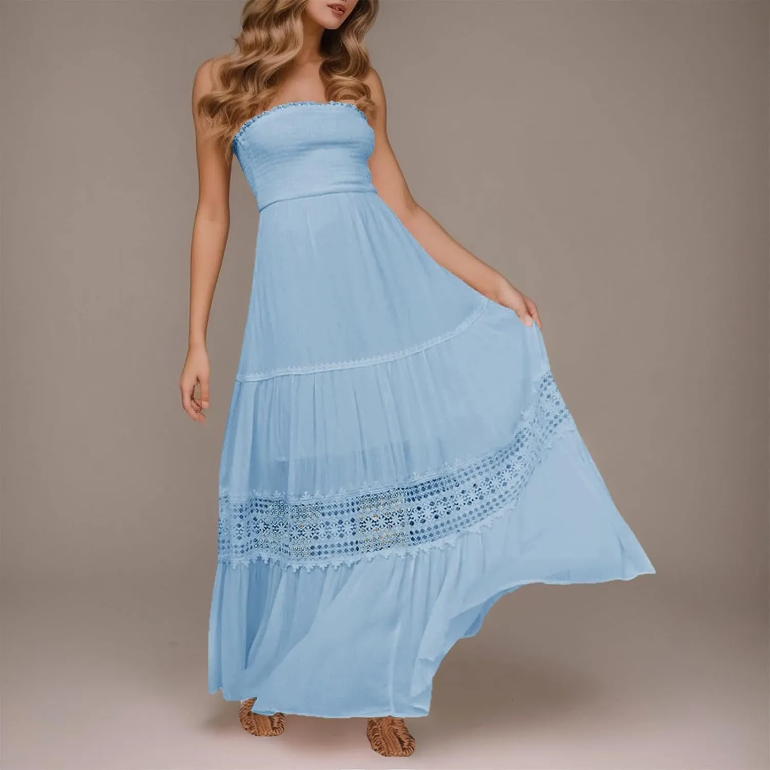 Women's Maxi Dress 2025 Summer Off Shoulder Smocked Tiered Ruffle Long Flowy Dresses Casual Beach Sundress