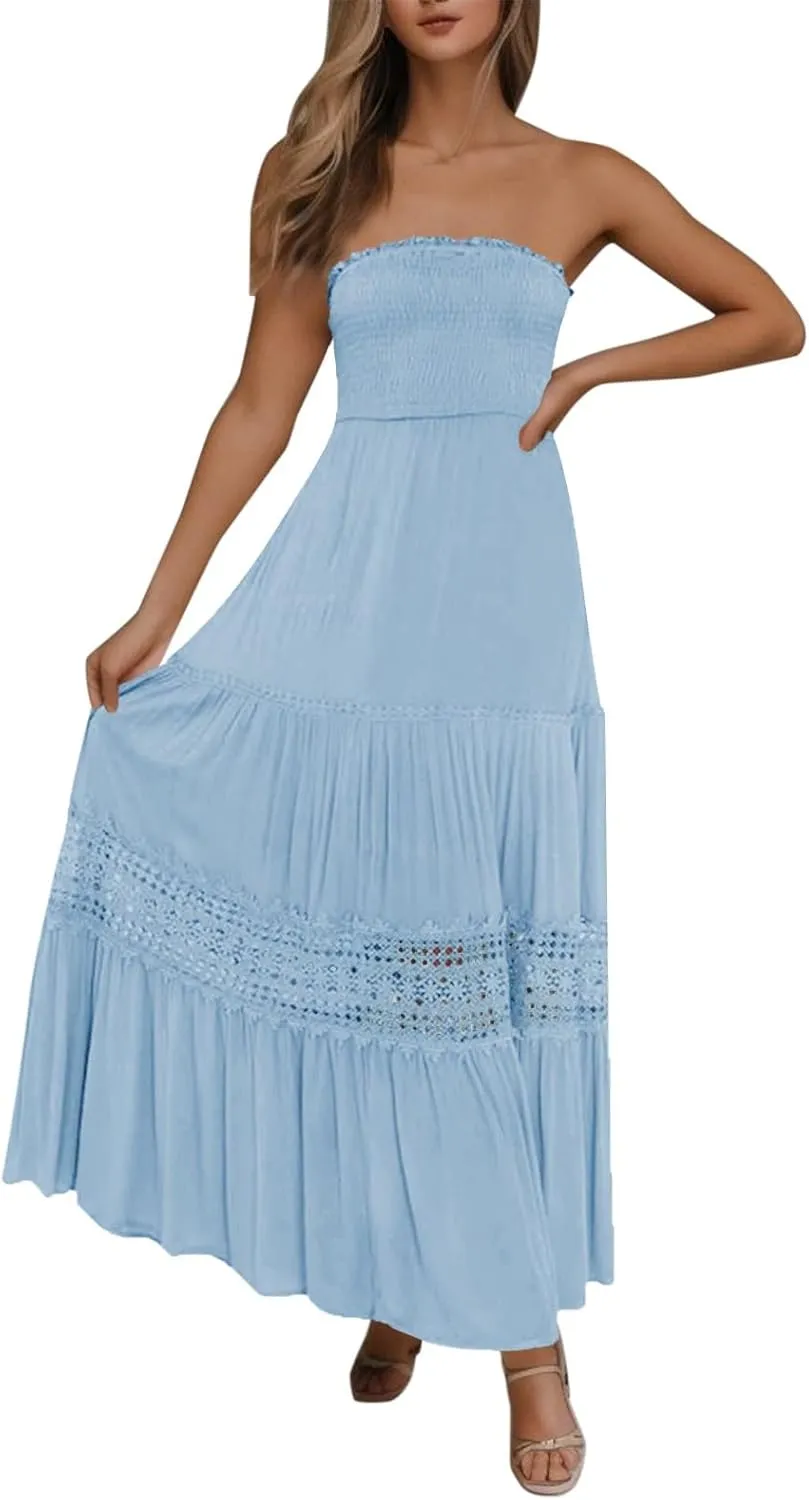 Women's Maxi Dress 2025 Summer Off Shoulder Smocked Tiered Ruffle Long Flowy Dresses Casual Beach Sundress