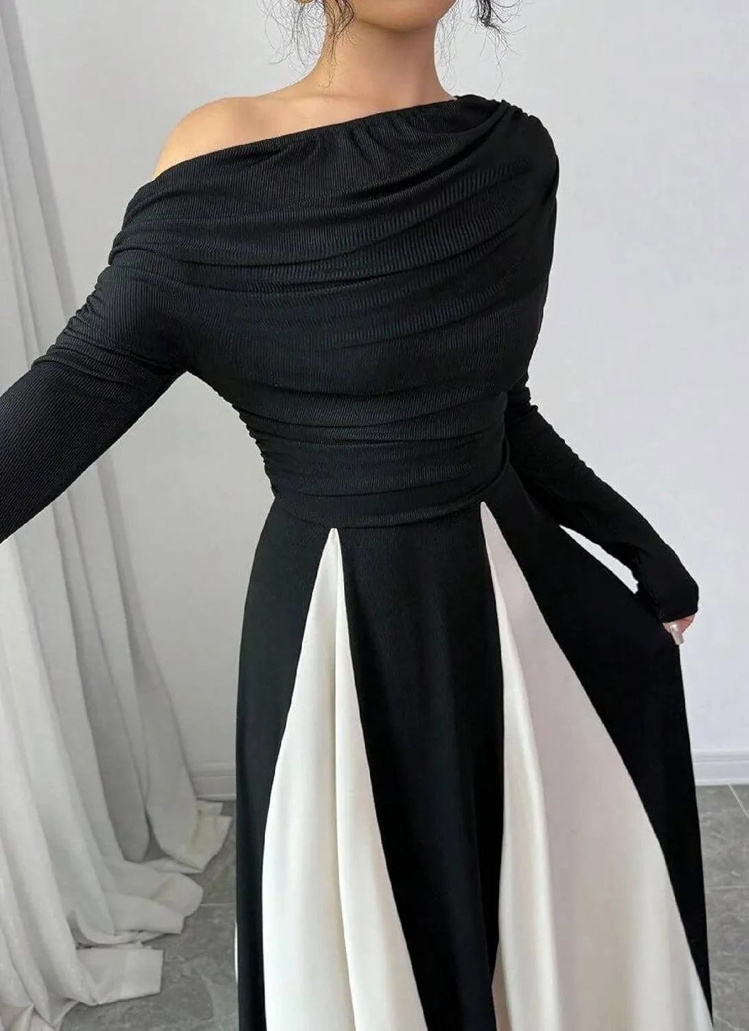 Womens Maxi Dress One Shoulder Long Sleeve Color Block Black White Elegant Formal Spring Summer Evening Party Dress