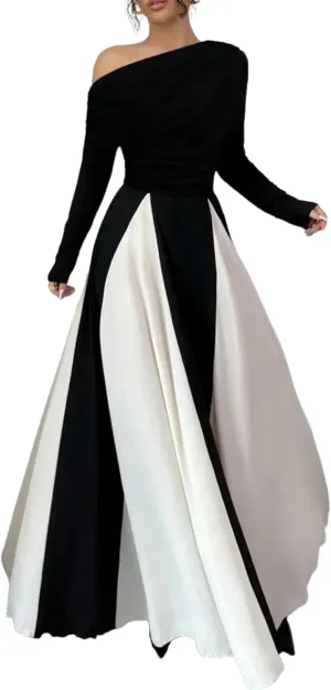 Womens Maxi Dress One Shoulder Long Sleeve Color Block Black White Elegant Formal Spring Summer Evening Party Dress