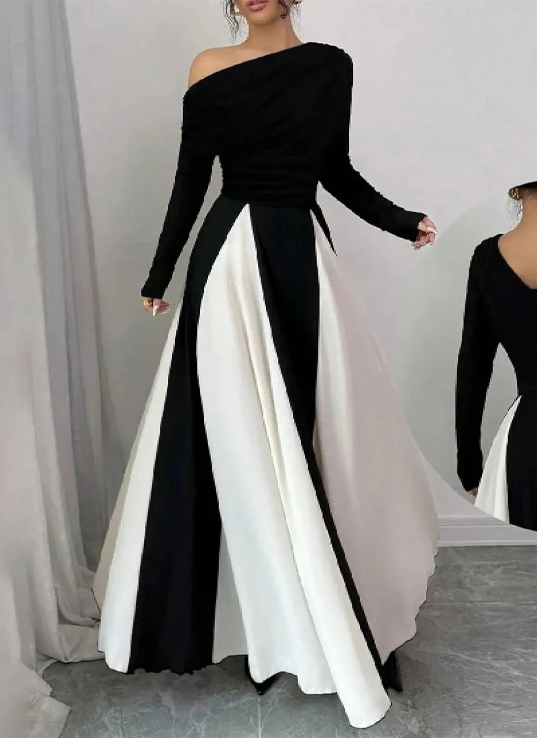 Womens Maxi Dress One Shoulder Long Sleeve Color Block Black White Elegant Formal Spring Summer Evening Party Dress