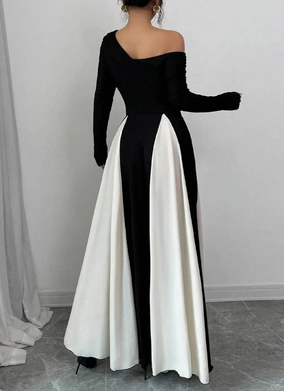 Womens Maxi Dress One Shoulder Long Sleeve Color Block Black White Elegant Formal Spring Summer Evening Party Dress
