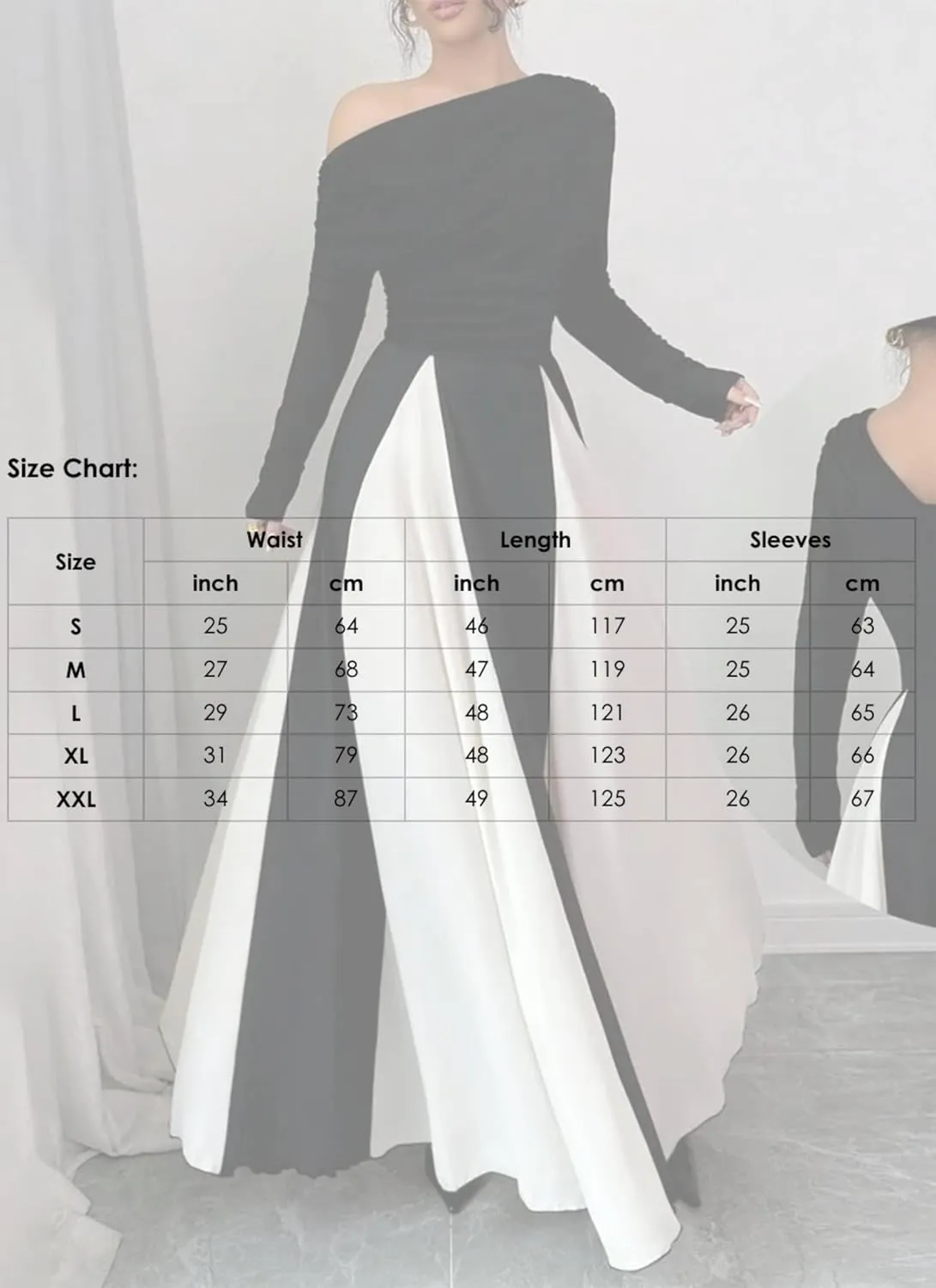 Womens Maxi Dress One Shoulder Long Sleeve Color Block Black White Elegant Formal Spring Summer Evening Party Dress