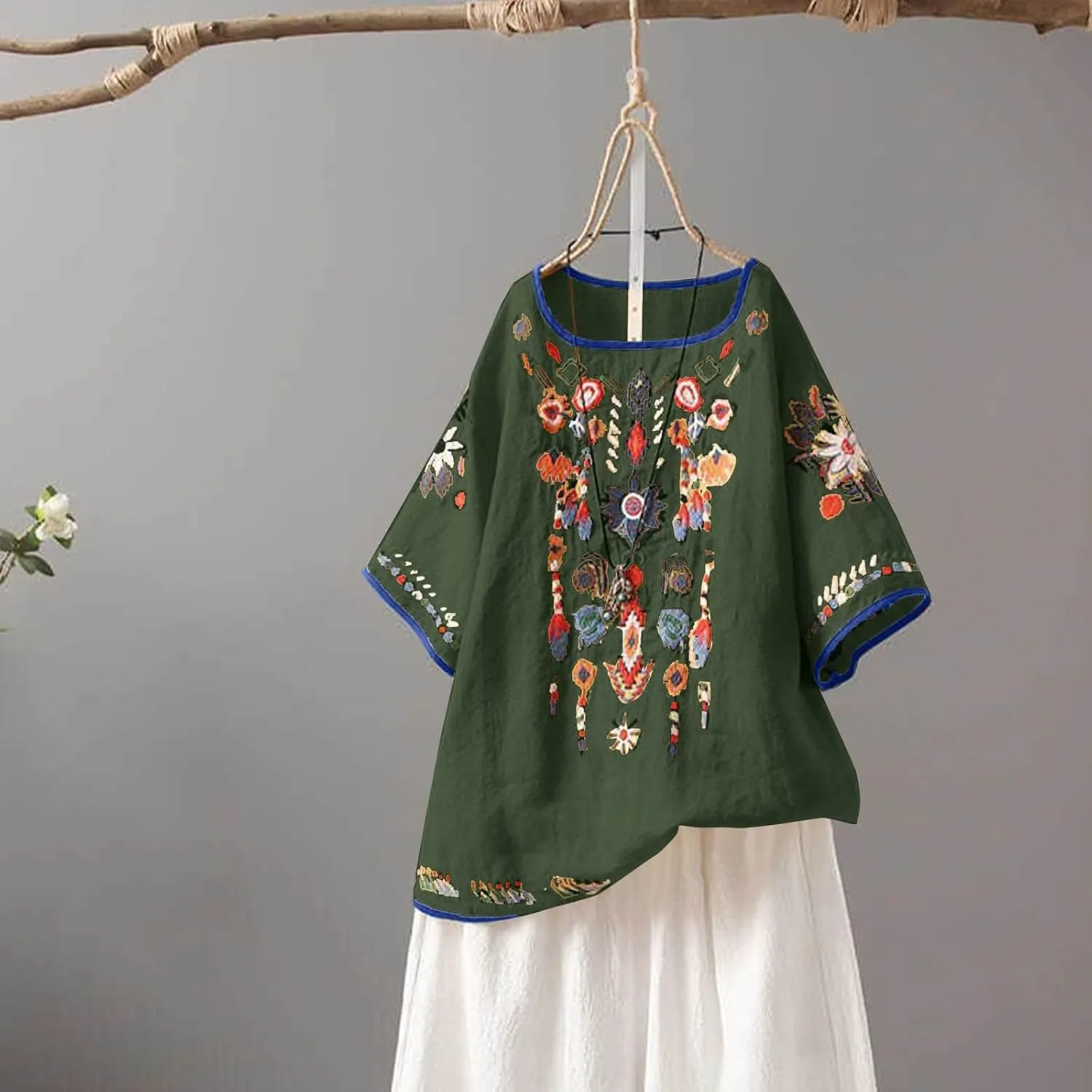Womens Mexican Peasant Blouses Short Sleeve Embroidered Tunic Floral Cotton Linen Tops Boho Bohemian Trendy Clothes