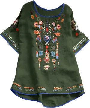 Womens Mexican Peasant Blouses Short Sleeve Embroidered Tunic Floral Cotton Linen Tops Boho Bohemian Trendy Clothes