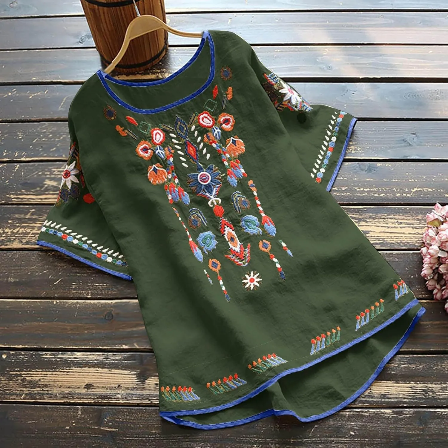 Womens Mexican Peasant Blouses Short Sleeve Embroidered Tunic Floral Cotton Linen Tops Boho Bohemian Trendy Clothes