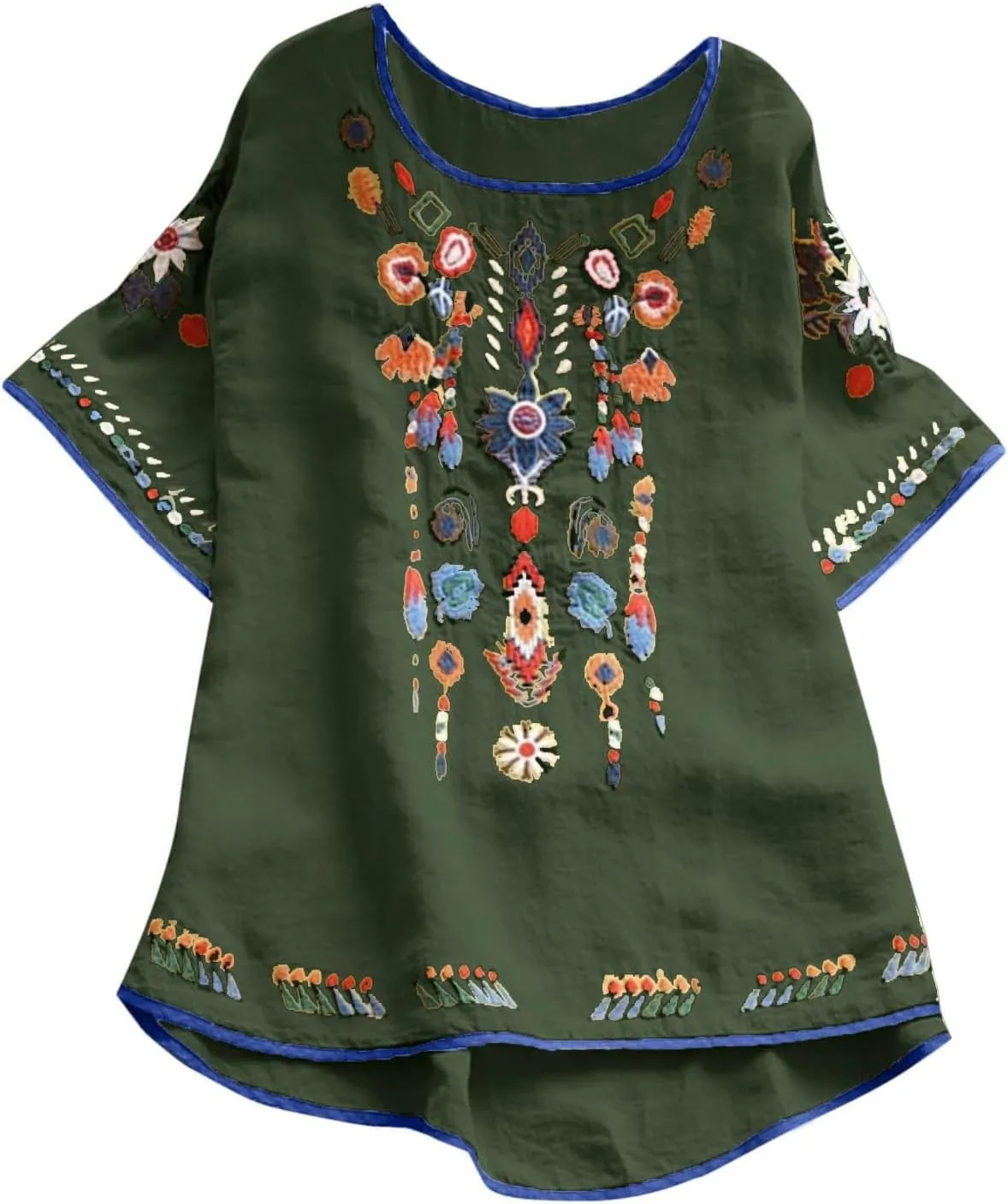 Womens Mexican Peasant Blouses Short Sleeve Embroidered Tunic Floral Cotton Linen Tops Boho Bohemian Trendy Clothes