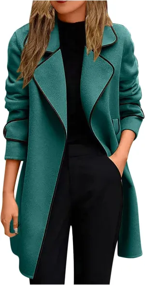 Women's Mid-Length Open Front Woolen Blend Coat with Belt, Elegant Wide Lapel Wool Blend Trench Coat Fall Outwear