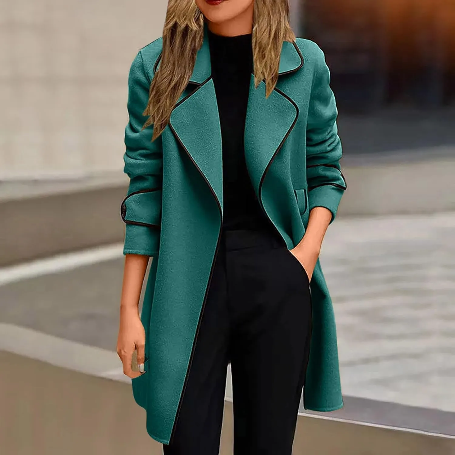 Women's Mid-Length Open Front Woolen Blend Coat with Belt, Elegant Wide Lapel Wool Blend Trench Coat Fall Outwear