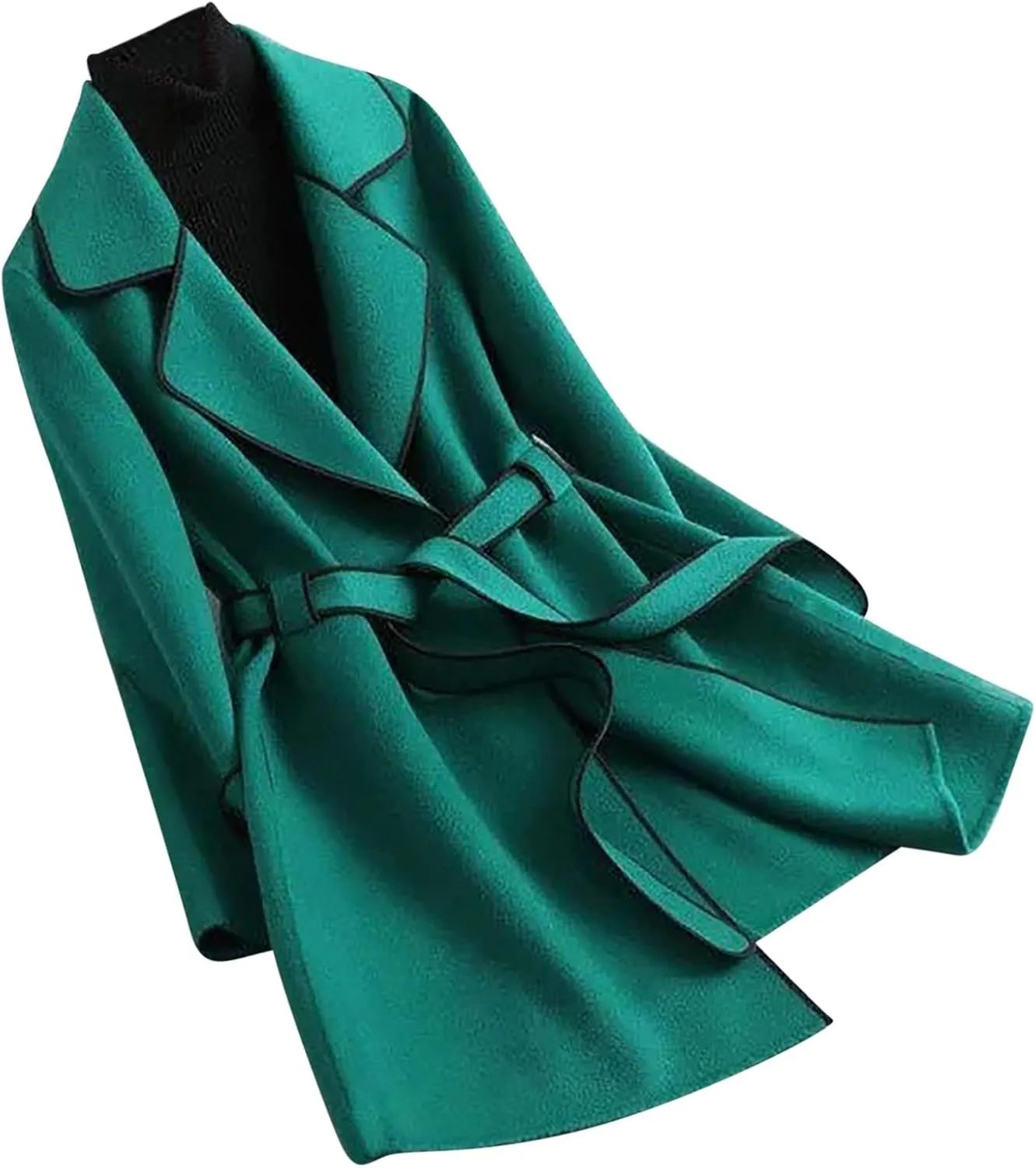 Women's Mid-Length Open Front Woolen Blend Coat with Belt, Elegant Wide Lapel Wool Blend Trench Coat Fall Outwear