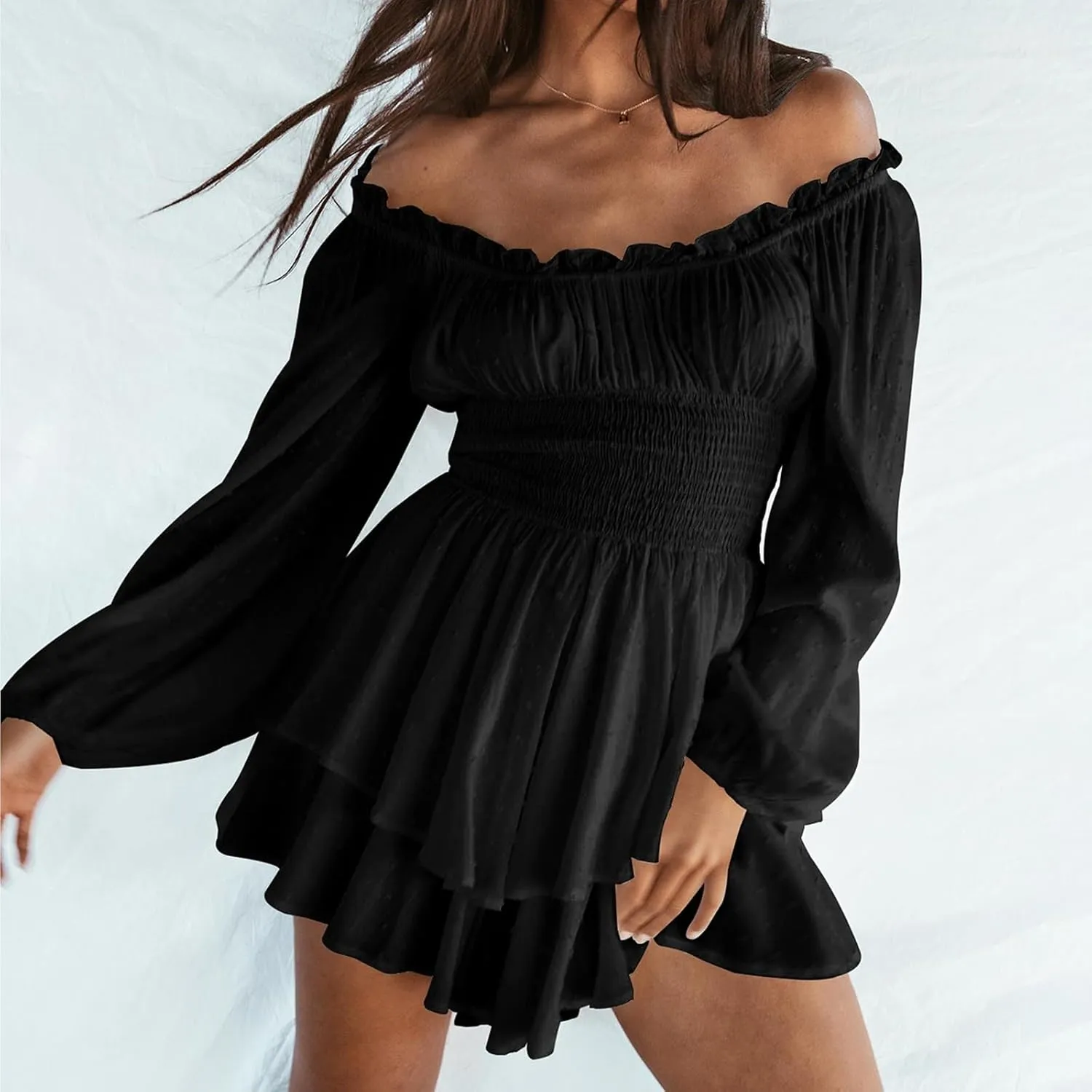 Women's Mini Dress 2025 Off The Shoulder Sexy Elegant Mesh Long Sleeve Ruched Bodycon Cocktail Beach Sundress