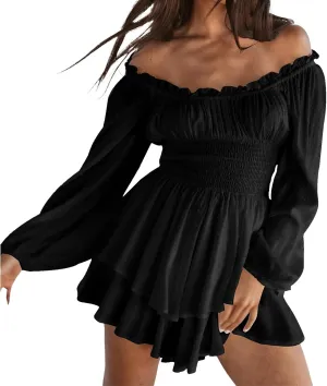 Women's Mini Dress 2025 Off The Shoulder Sexy Elegant Mesh Long Sleeve Ruched Bodycon Cocktail Beach Sundress