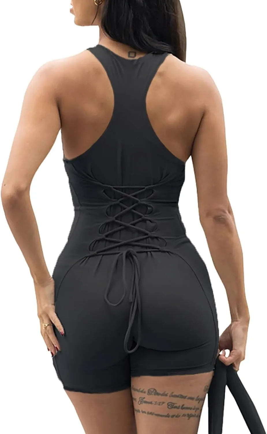 Womens One Piece Workout Jumpsuits Wide-strap Tank Top Back Straps With Drawstrings Bodycon Yoga Romper
