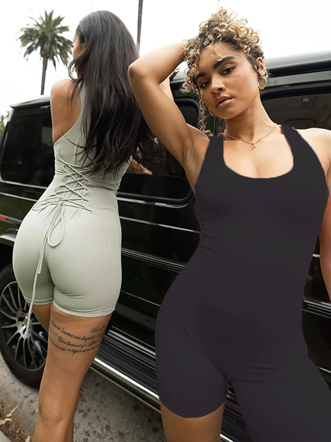 Womens One Piece Workout Jumpsuits Wide-strap Tank Top Back Straps With Drawstrings Bodycon Yoga Romper