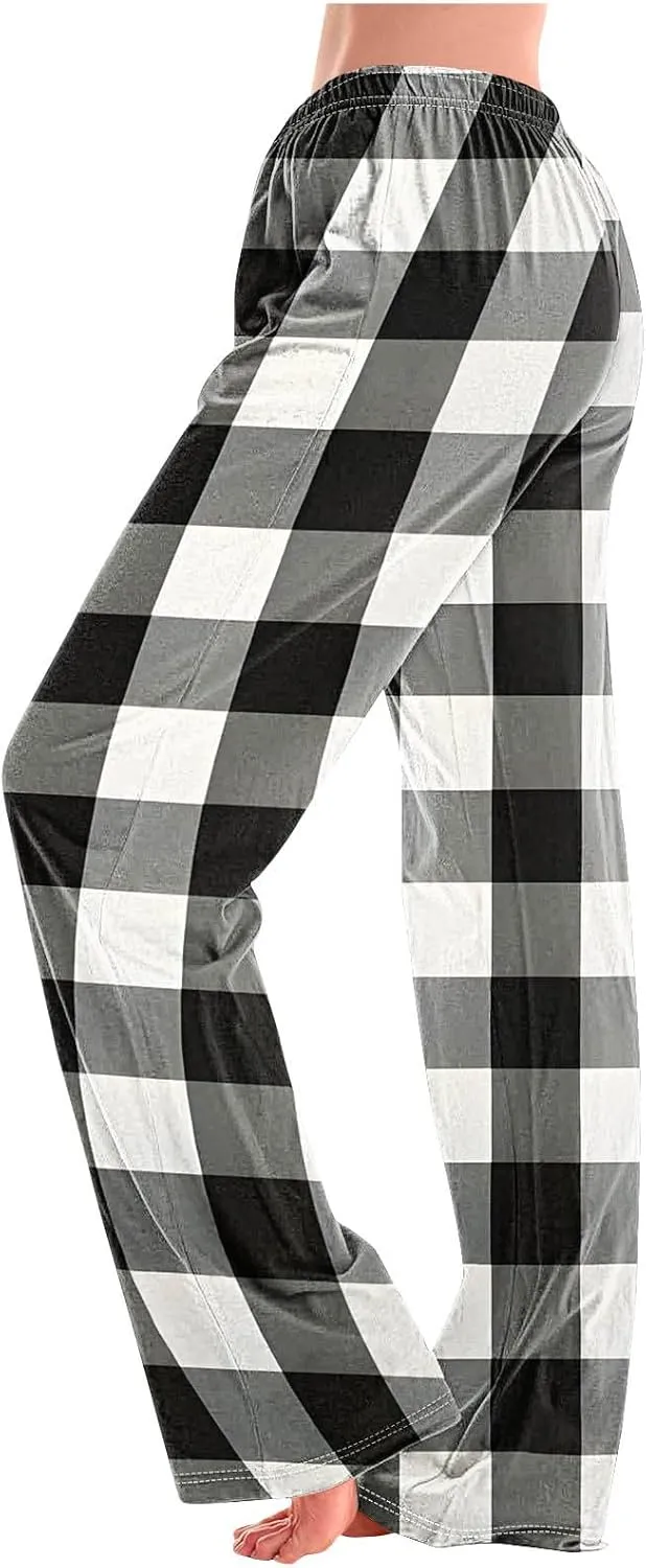 Women's Pajama Pants Wide Leg Yoga Pants Lounge High Waist Pants Comfy Stretch Plaid Pj Bottoms Trousers Loungewear