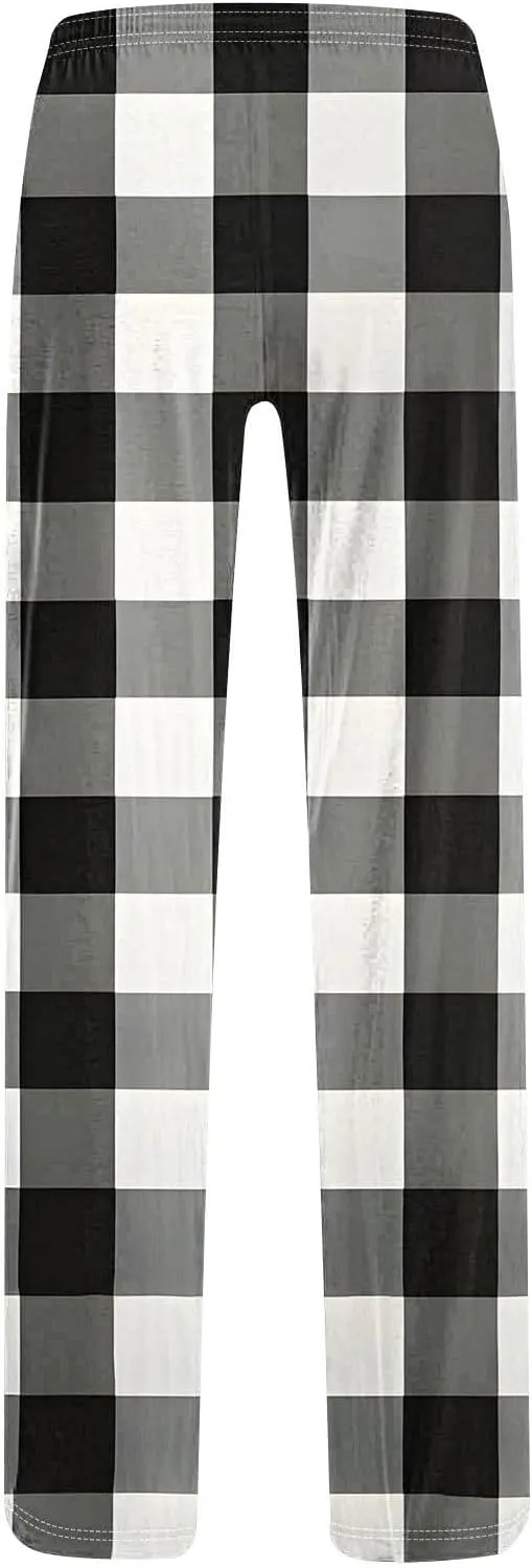 Women's Pajama Pants Wide Leg Yoga Pants Lounge High Waist Pants Comfy Stretch Plaid Pj Bottoms Trousers Loungewear