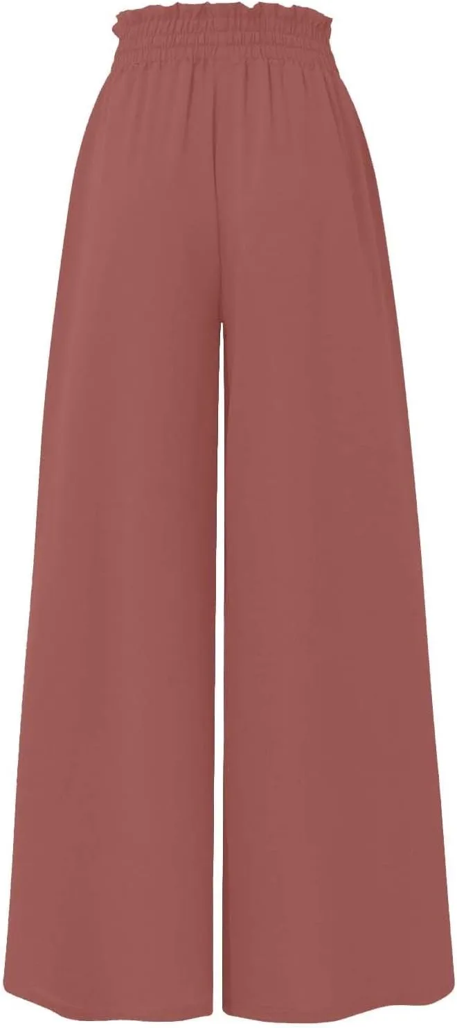 Womens Palazzo Pants Wide Leg Elastic Waisted Chiffon Baggy Flowy Long Lounge Trousers Beach Vacation Pant with Pockets