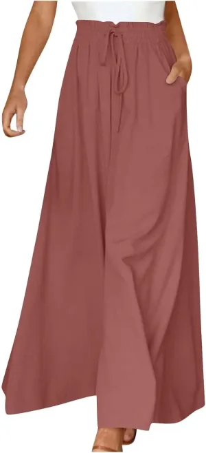 Womens Palazzo Pants Wide Leg Elastic Waisted Chiffon Baggy Flowy Long Lounge Trousers Beach Vacation Pant with Pockets