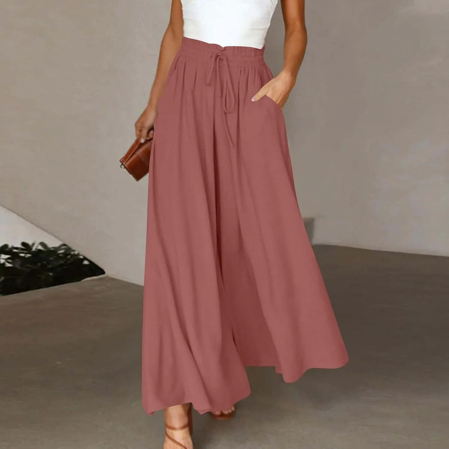 Womens Palazzo Pants Wide Leg Elastic Waisted Chiffon Baggy Flowy Long Lounge Trousers Beach Vacation Pant with Pockets