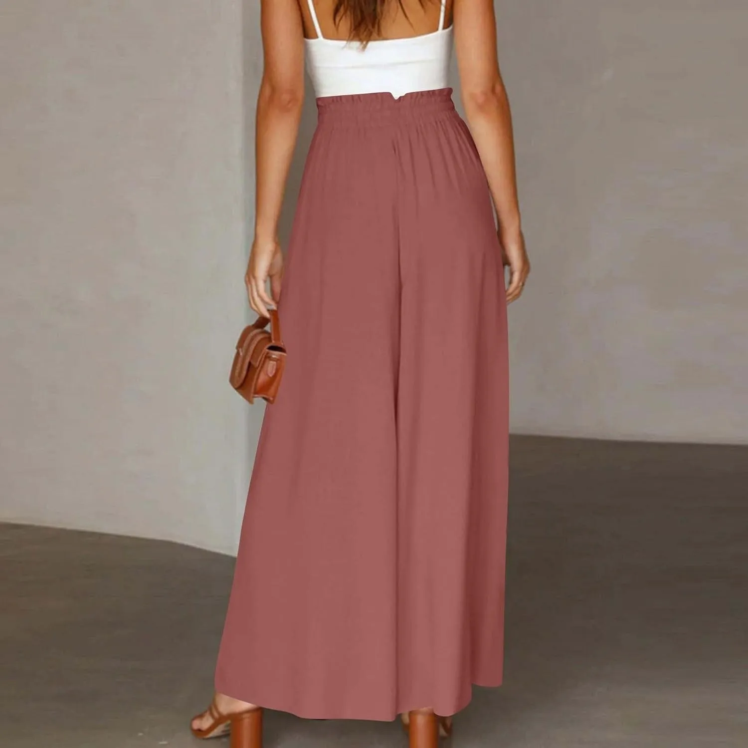 Womens Palazzo Pants Wide Leg Elastic Waisted Chiffon Baggy Flowy Long Lounge Trousers Beach Vacation Pant with Pockets