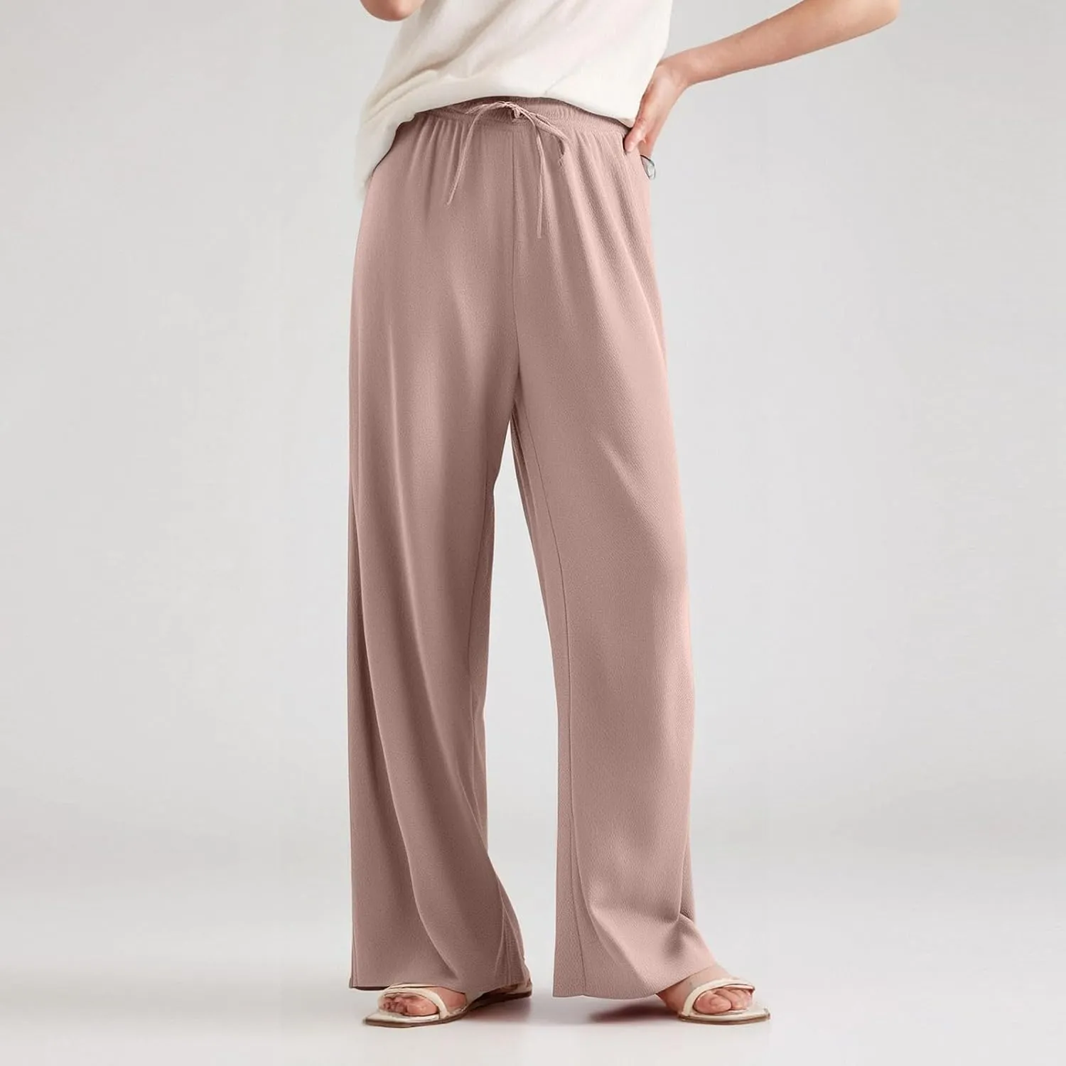Women's Pants Flowy Long Wide Leg High Waisted Trousers Stretchy Drawstring Pleated Pull On Vacation Trousers