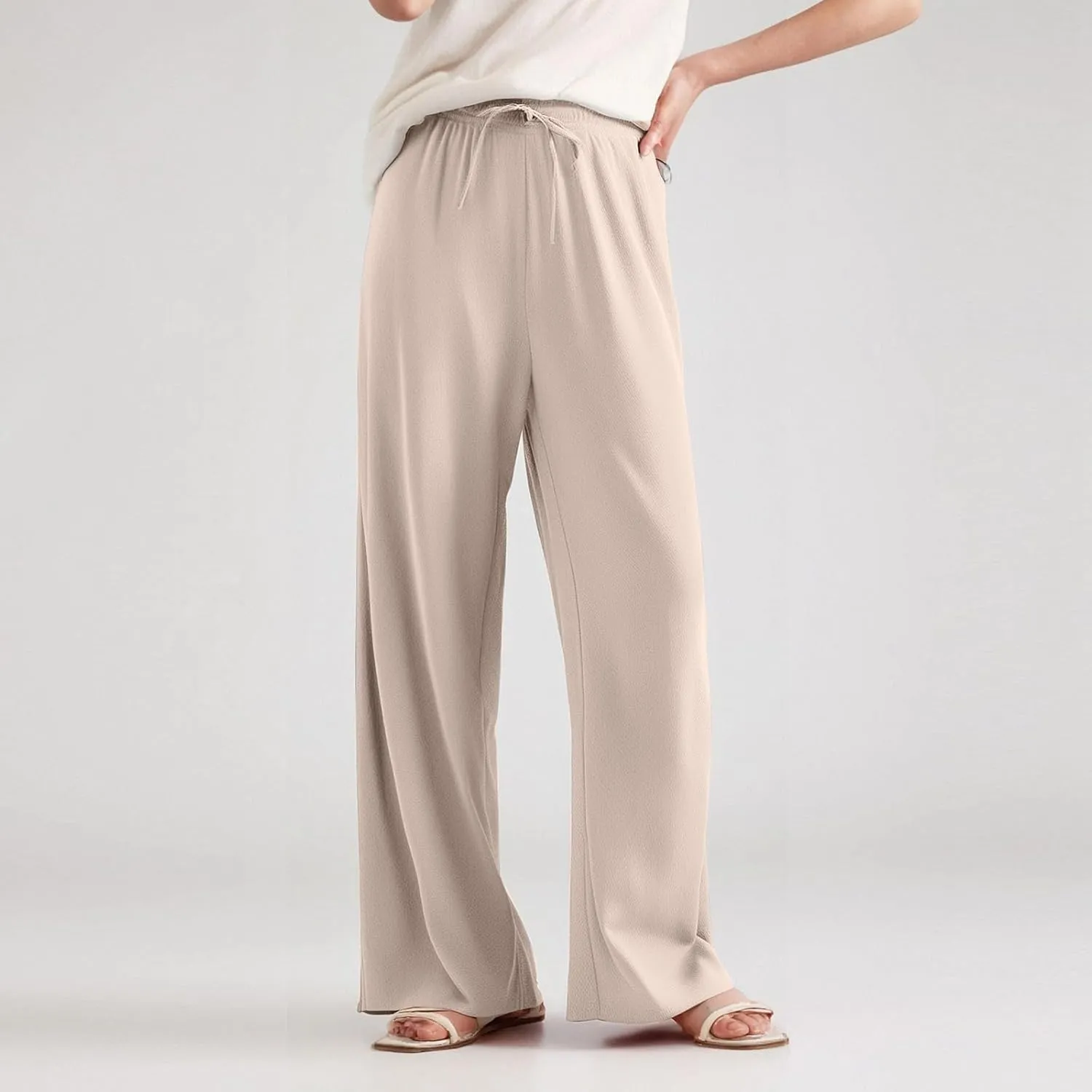 Women's Pants Flowy Long Wide Leg High Waisted Trousers Stretchy Drawstring Pleated Pull On Vacation Trousers