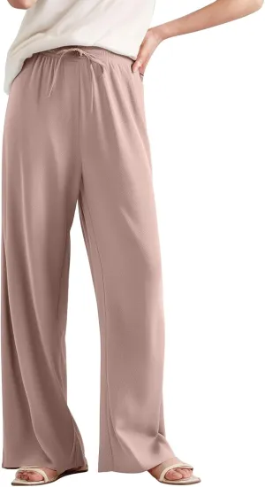 Women's Pants Flowy Long Wide Leg High Waisted Trousers Stretchy Drawstring Pleated Pull On Vacation Trousers
