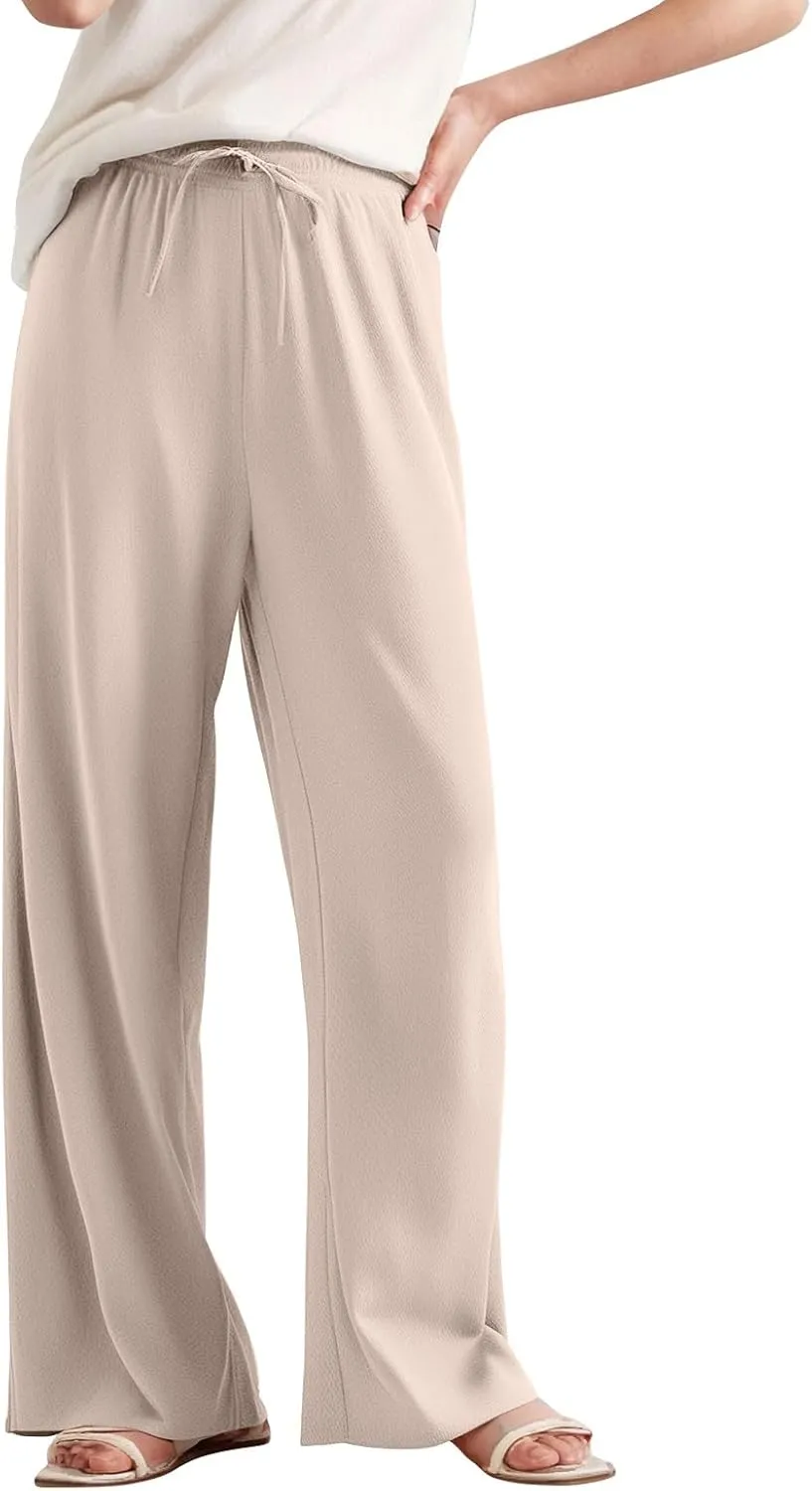 Women's Pants Flowy Long Wide Leg High Waisted Trousers Stretchy Drawstring Pleated Pull On Vacation Trousers