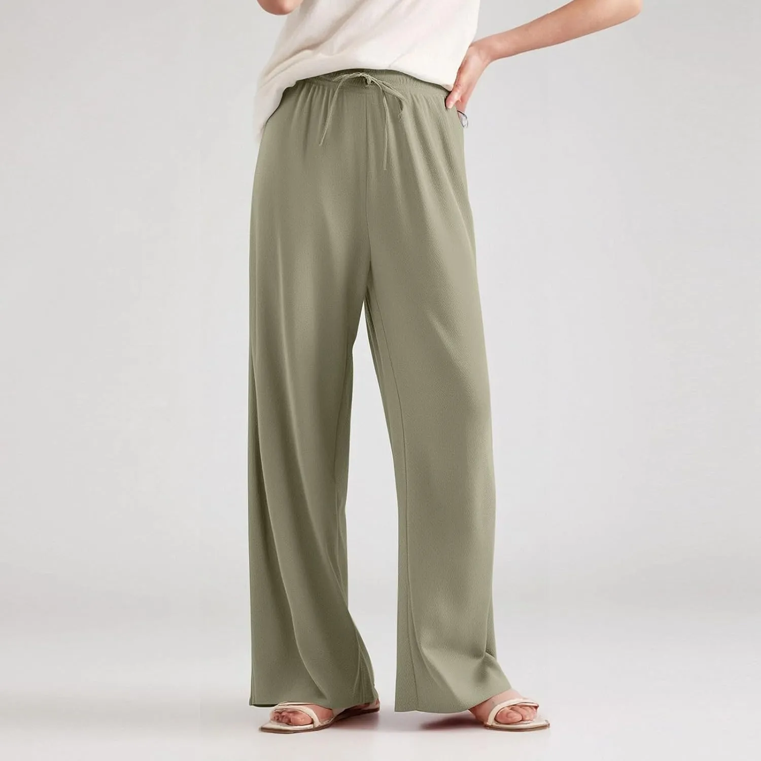 Women's Pants Flowy Long Wide Leg High Waisted Trousers Stretchy Drawstring Pleated Pull On Vacation Trousers