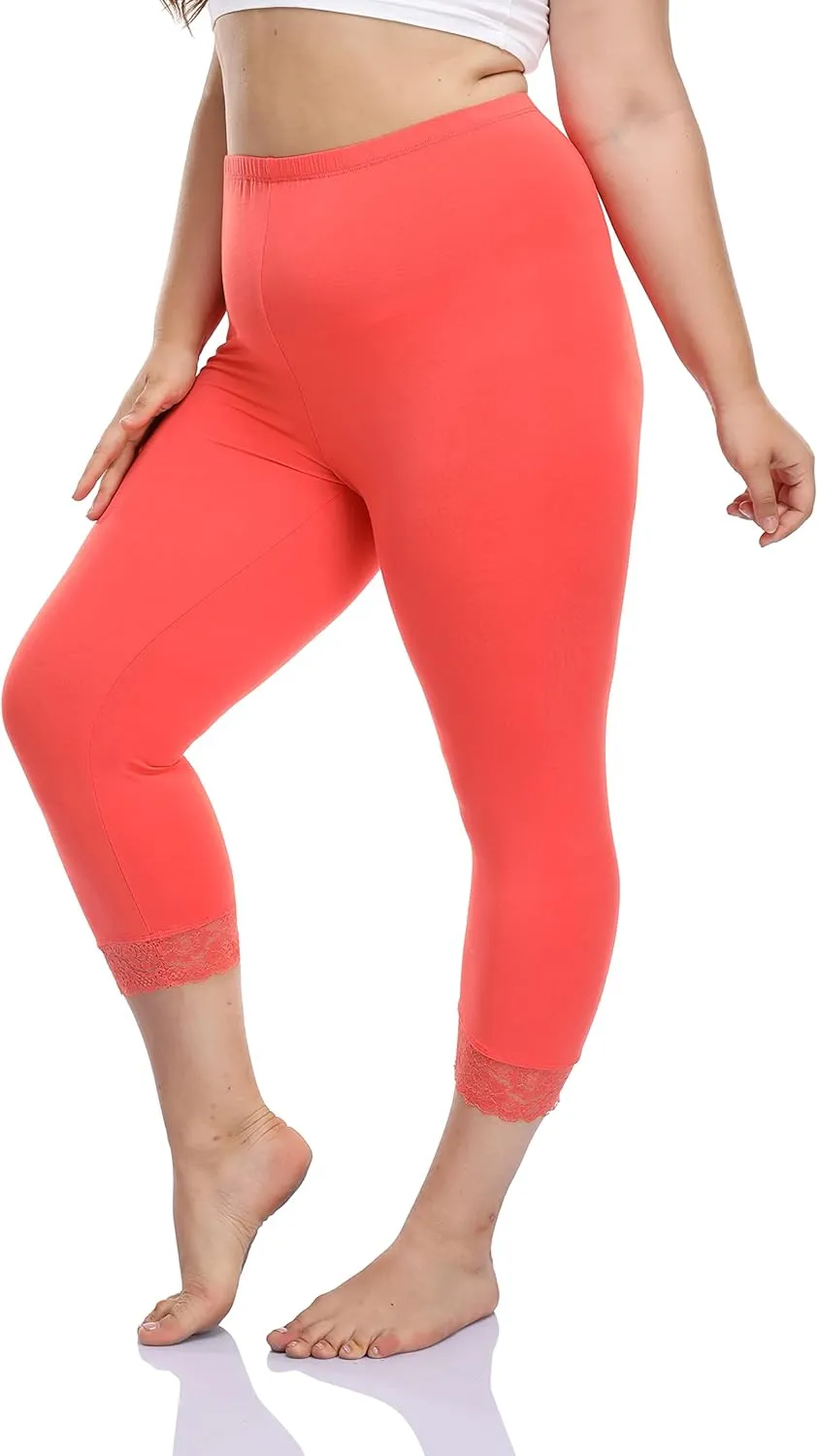 Women's Plus Size Lace Trim Capri Leggings Stretch Crop Leggings Soft Workout Yoga Tights Pants