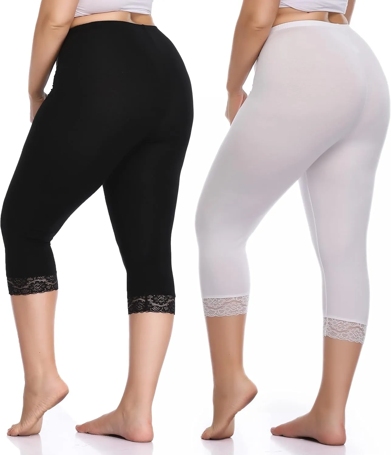 Women's Plus Size Lace Trim Capri Leggings Stretch Crop Leggings Soft Workout Yoga Tights Pants