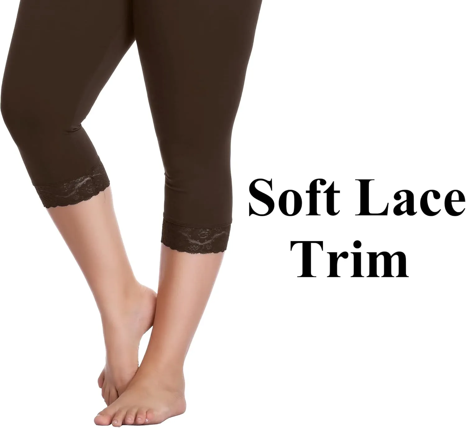 Women's Plus Size Lace Trim Capri Leggings Stretch Crop Leggings Soft Workout Yoga Tights Pants