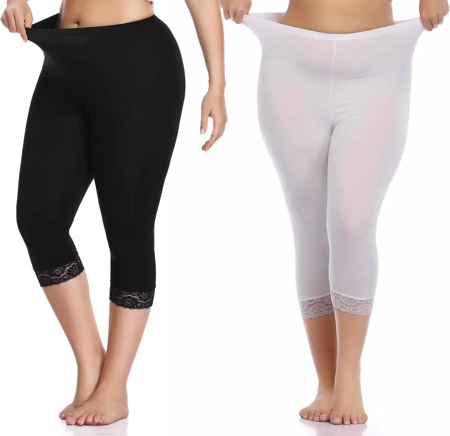 Women's Plus Size Lace Trim Capri Leggings Stretch Crop Leggings Soft Workout Yoga Tights Pants