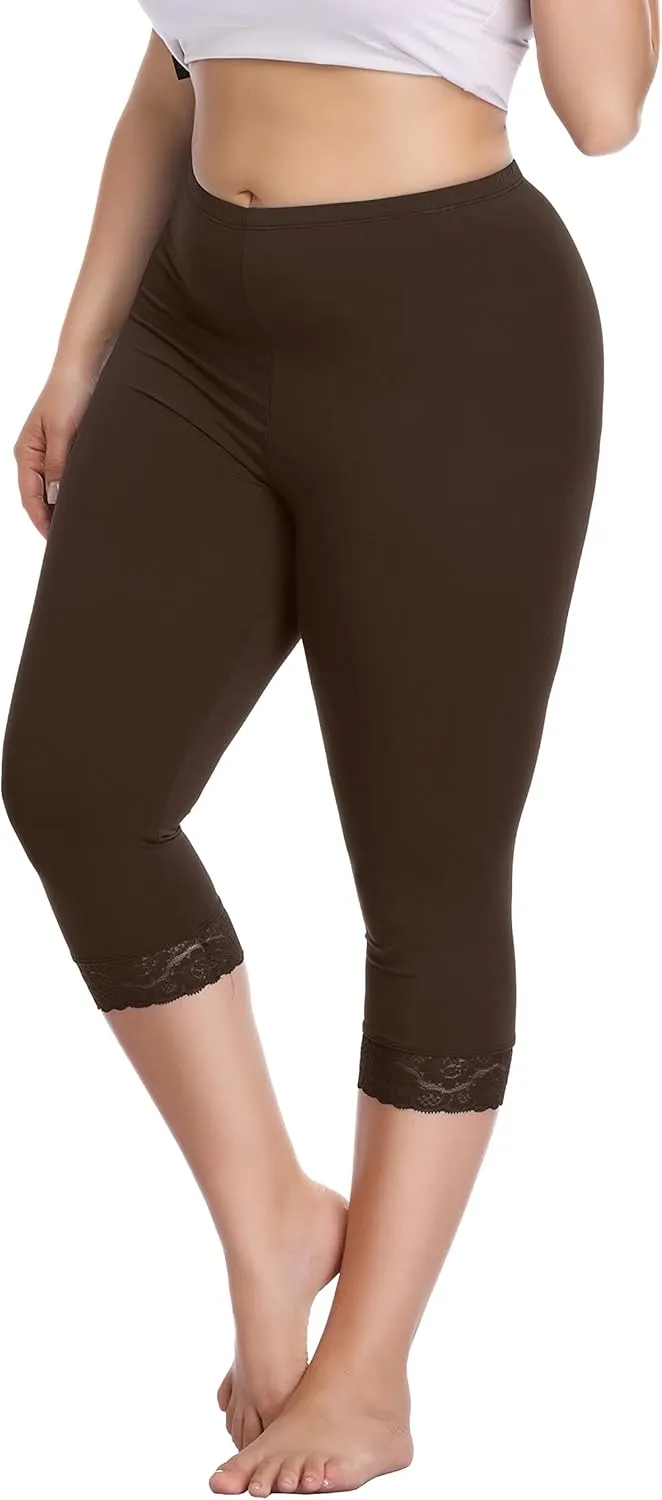 Women's Plus Size Lace Trim Capri Leggings Stretch Crop Leggings Soft Workout Yoga Tights Pants