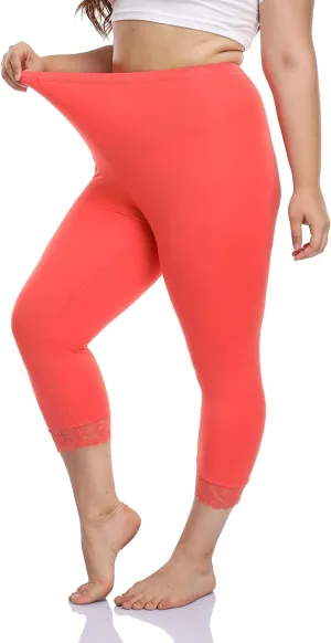 Women's Plus Size Lace Trim Capri Leggings Stretch Crop Leggings Soft Workout Yoga Tights Pants