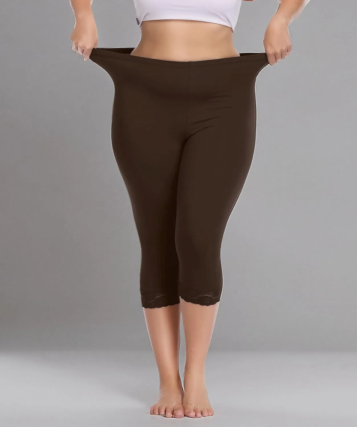 Women's Plus Size Lace Trim Capri Leggings Stretch Crop Leggings Soft Workout Yoga Tights Pants