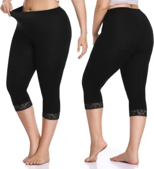 Women's Plus Size Lace Trim Capri Leggings Stretch Crop Leggings Soft Workout Yoga Tights Pants