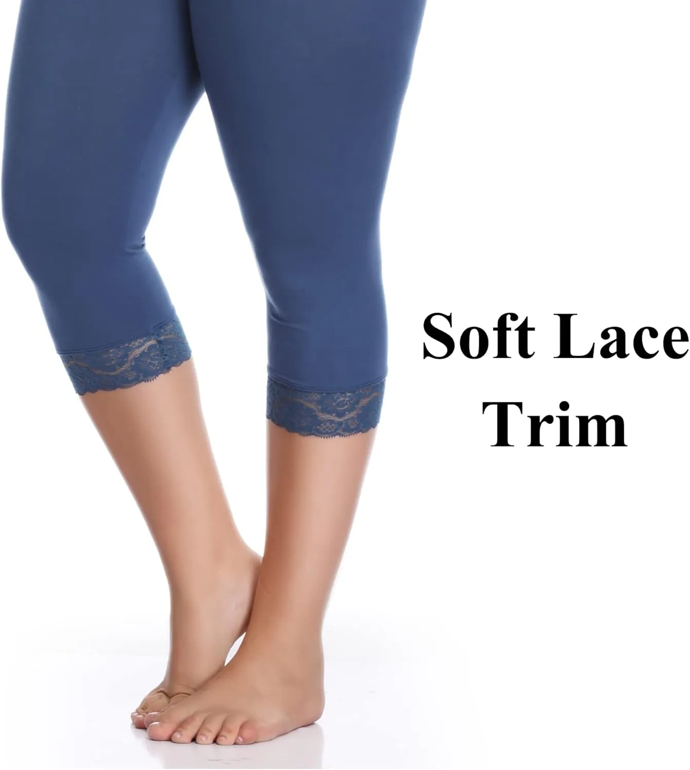 Women's Plus Size Lace Trim Capri Leggings Stretch Crop Leggings Soft Workout Yoga Tights Pants