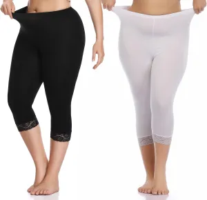 Women's Plus Size Lace Trim Capri Leggings Stretch Crop Leggings Soft Workout Yoga Tights Pants