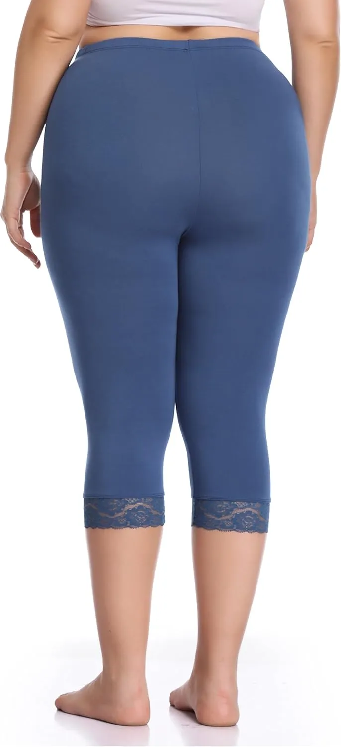 Women's Plus Size Lace Trim Capri Leggings Stretch Crop Leggings Soft Workout Yoga Tights Pants