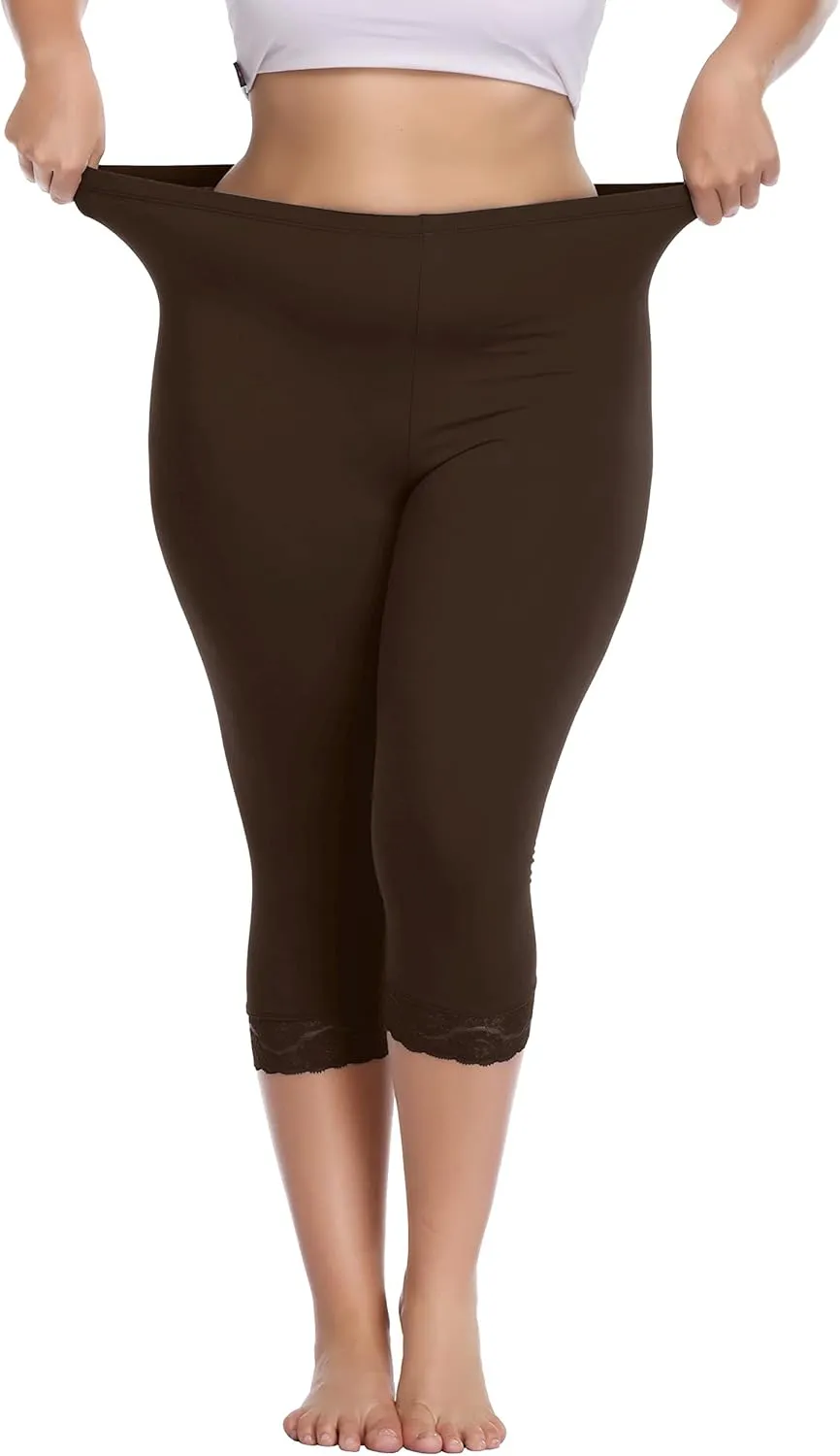 Women's Plus Size Lace Trim Capri Leggings Stretch Crop Leggings Soft Workout Yoga Tights Pants