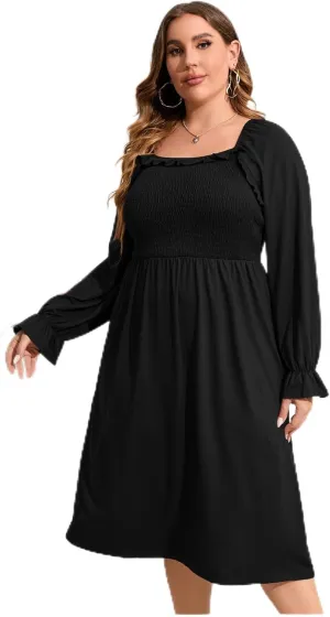 Women's Plus Size Ruffle Long Sleeve Square Neck High Waist Smocked Tunic A Line Midi Knee Length Dress Wine 3XL