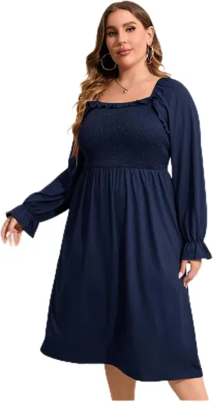Women's Plus Size Ruffle Long Sleeve Square Neck High Waist Smocked Tunic A Line Midi Knee Length Dress Wine 3XL