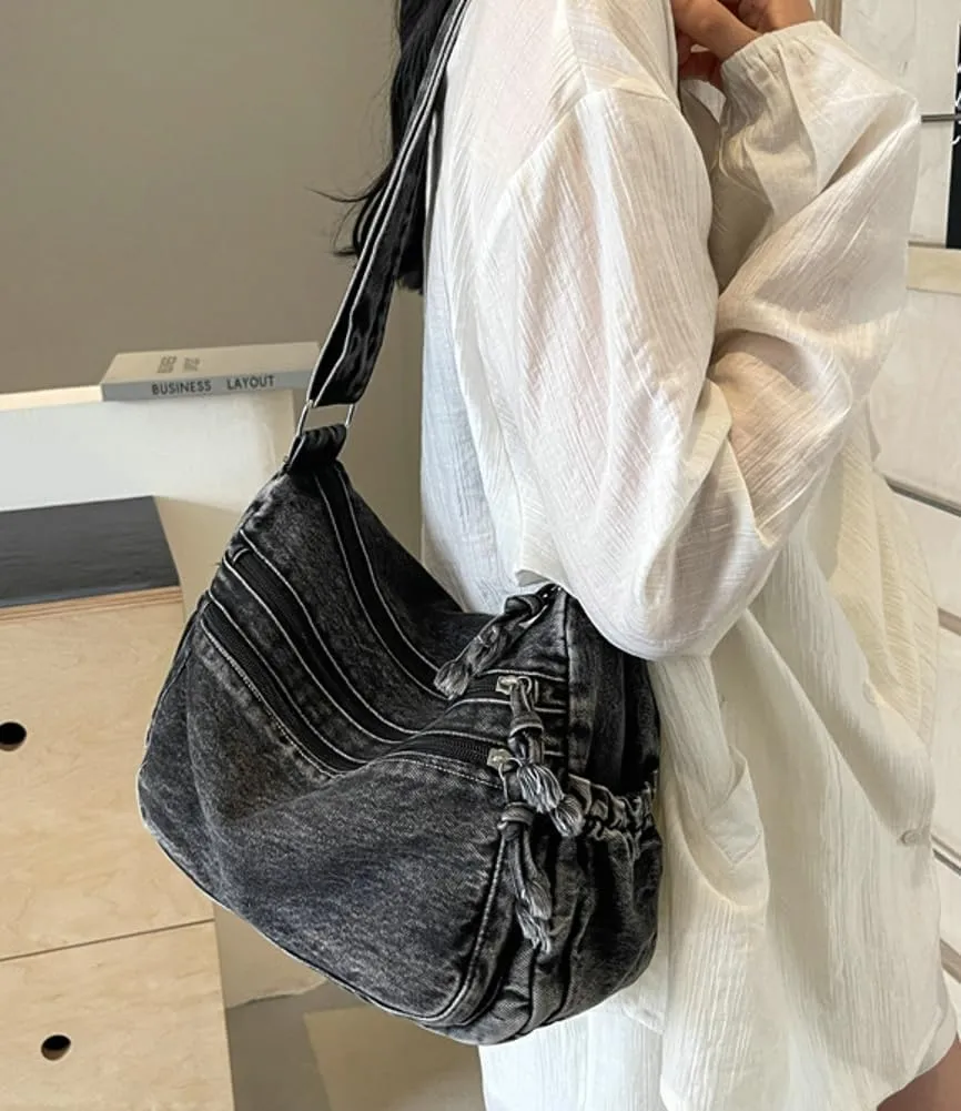 Women's Retro Large Canvas Denim Shoulder Bag Denim Crossbody Handbags Casual Style Lightweight Tote Purse